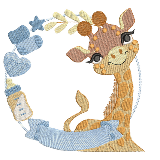 This is an image of a baby giraffe wreath machine embroidery design featuring baby element; a baby bottle, heart, baby sock, and a blue star. This machine embroidery design features a banner where a baby name can be added.