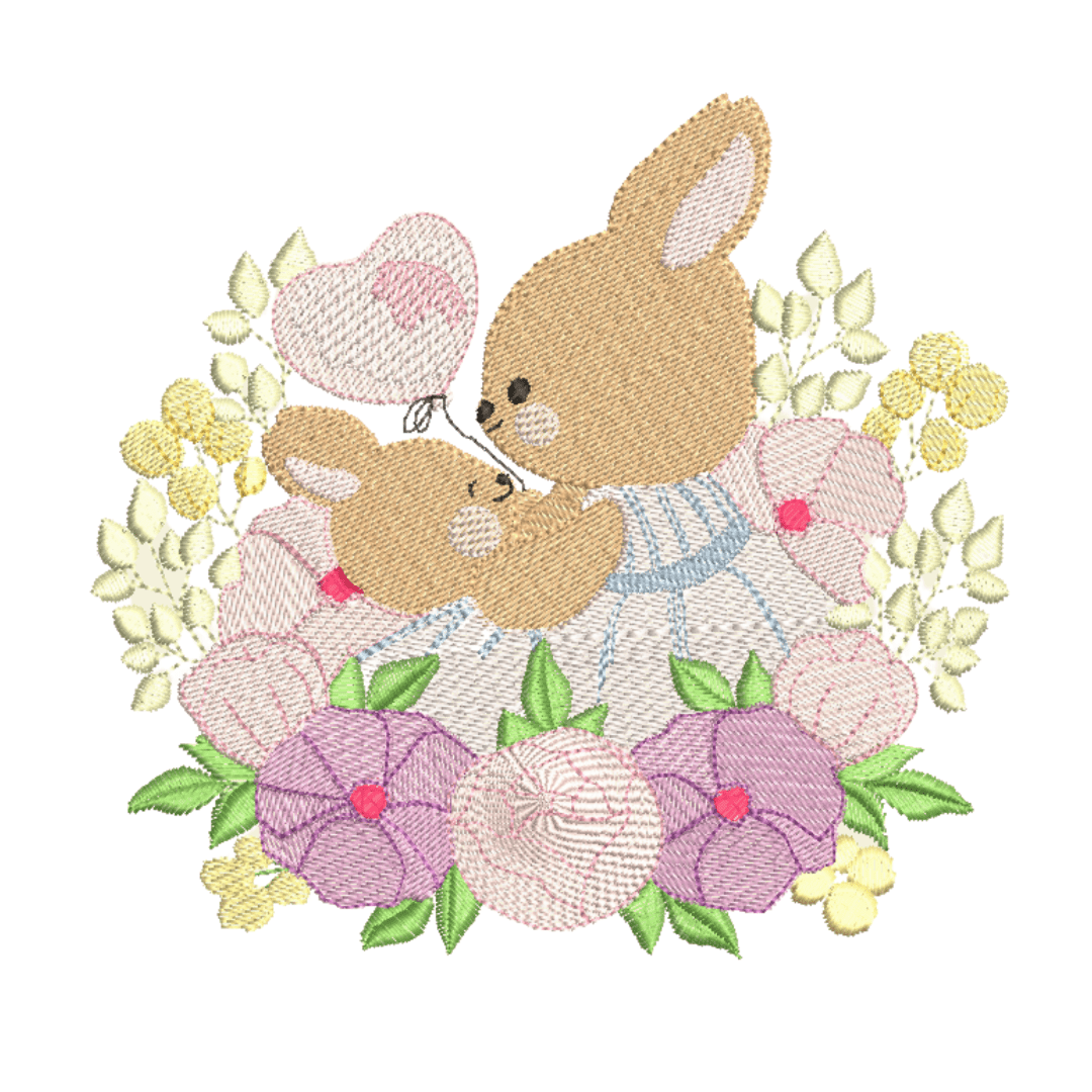 This is an image of a mommy bunny with a baby bunny holding a balloon, and surrounded by beautiful purple flowers machine embroidery design.