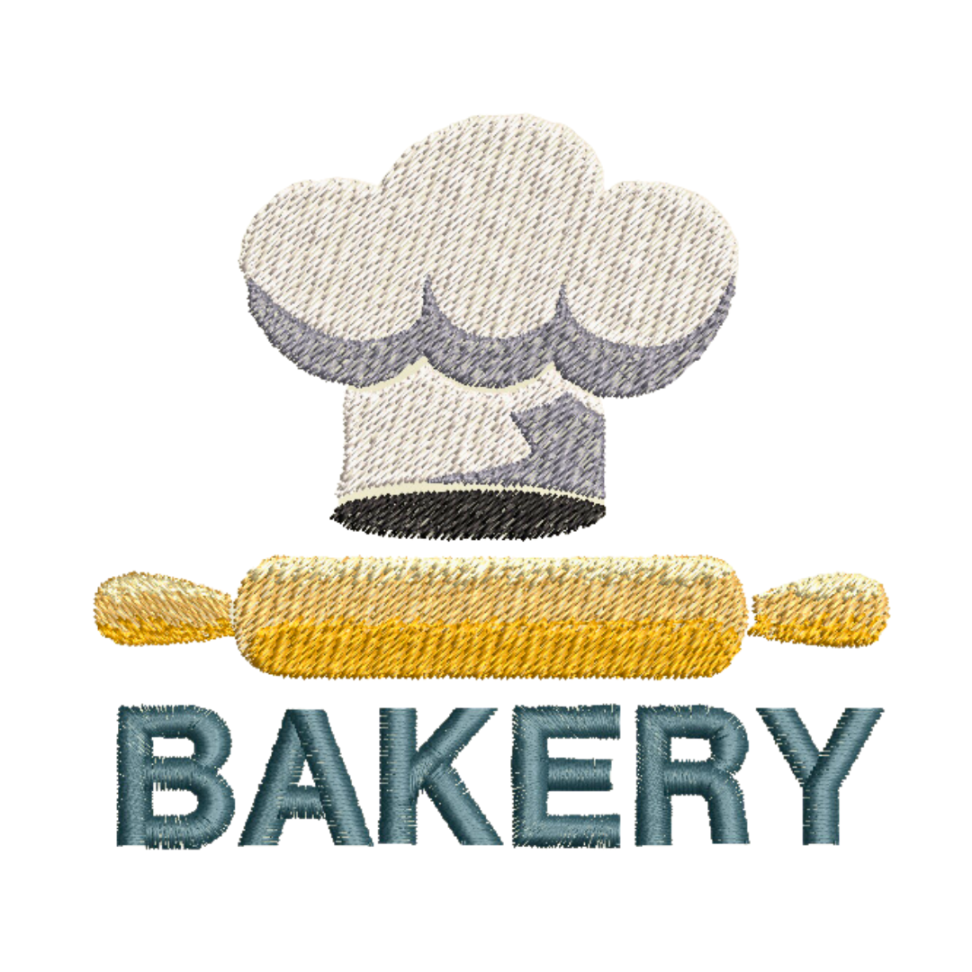 This is an image of a machine embroidery design featuring a chef hat, rolling pin and the word "Bakery" This design is perfect for embroidery on items for the bakery and kitchen like tea towels and aprons.