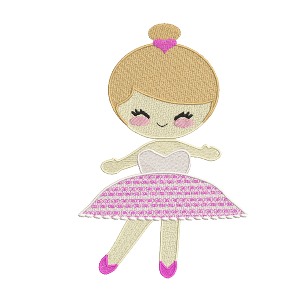 This is an image of a cute doll doing ballet with a pink ballet dress and shoes. This Ballet Girl machine embroidery design is easy and quick to sew on girls' t-shirts, bags, and more.