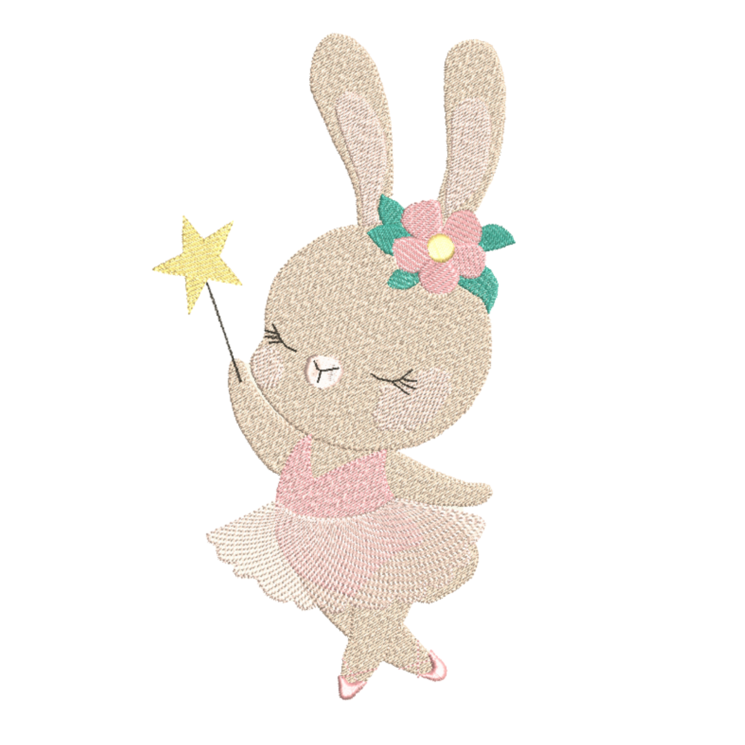 This is an image of a Bunny machine embroidery design. The Bunny machine embroidery design features a cute bunny with a ballet dress, ballet shoes, a wand with star tip, and a flower in her ear. This Bunny machine embroidery design can be embroidered for baby girls and toddlers.