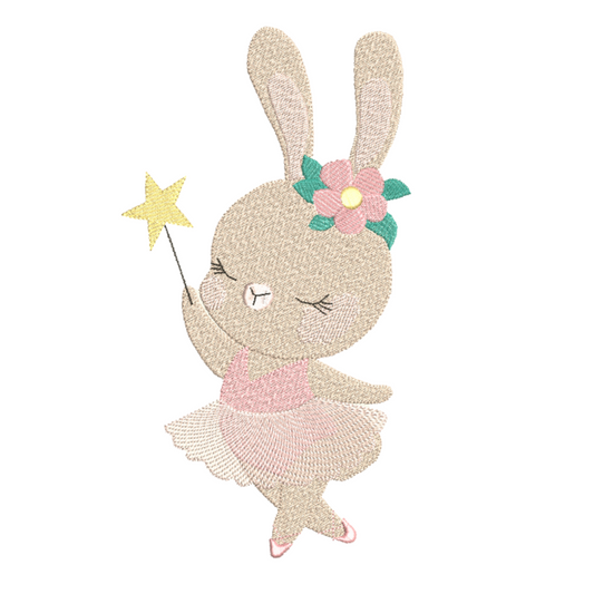 This is an image of a Bunny machine embroidery design. The Bunny machine embroidery design features a cute bunny with a ballet dress, ballet shoes, a wand with star tip, and a flower in her ear. This Bunny machine embroidery design can be embroidered for baby girls and toddlers.