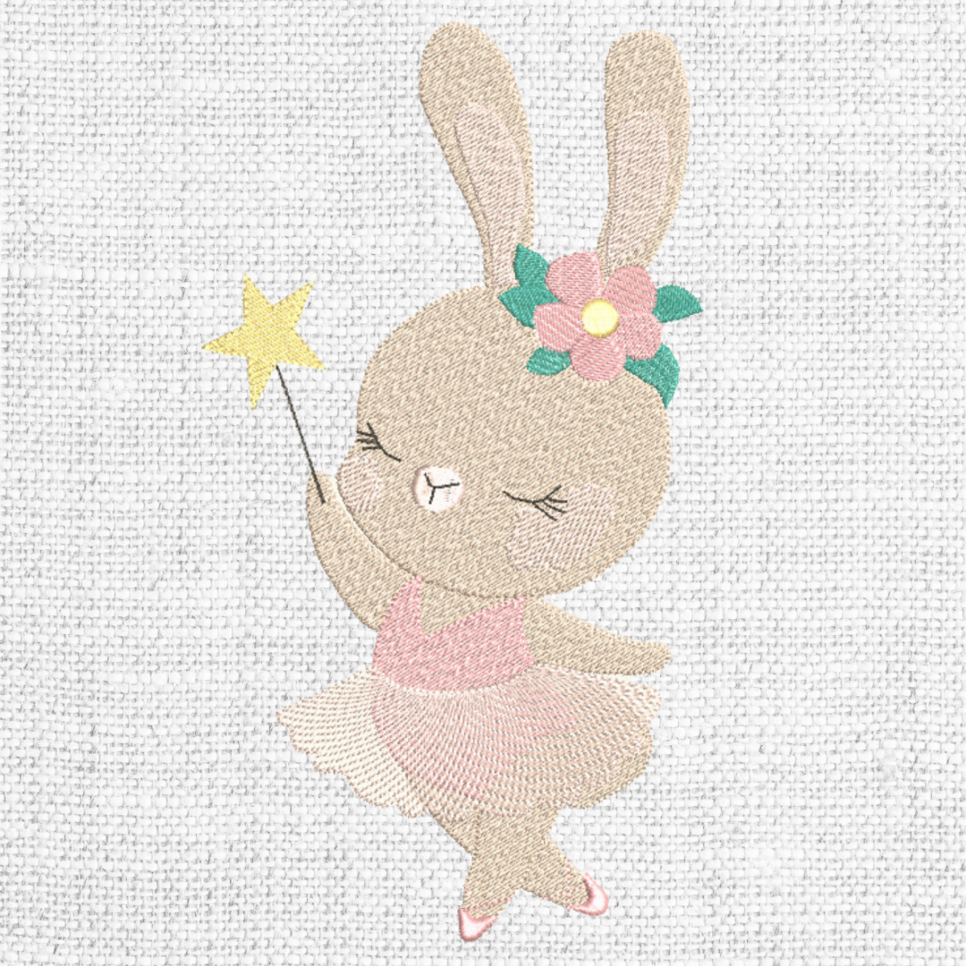 This is an image of a Bunny machine embroidery design. The Bunny machine embroidery design features a cute bunny with a ballet dress, ballet shoes, a wand with star tip, and a flower in her ear. This Bunny machine embroidery design can be embroidered for baby girls and toddlers.