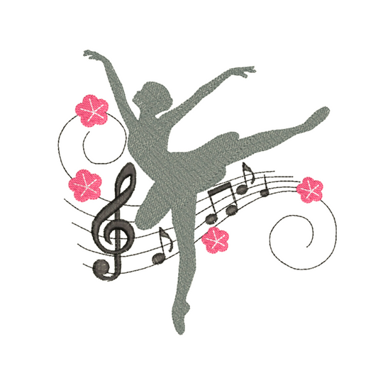 Ballet Silhouette with Flowers and Music Notes Machine Embroidery Design