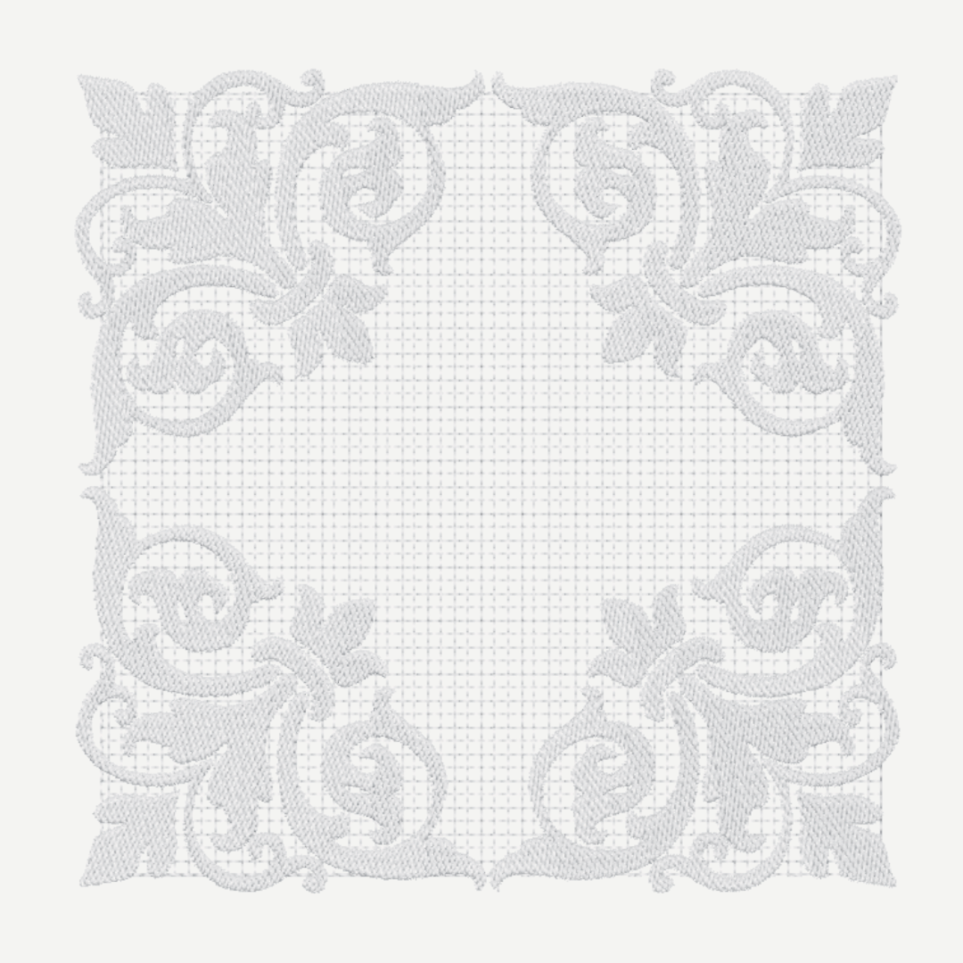 This is an image of a Baroque Relief Monogram Frame machine embroidery design. This Baroque Relief style machine embroidery design is perfect for embroidery on towels, cushions, and other home decor items.