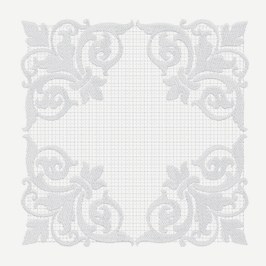 This is an image of a Baroque Relief Monogram Frame machine embroidery design. This Baroque Relief style machine embroidery design is perfect for embroidery on towels, cushions, and other home decor items.