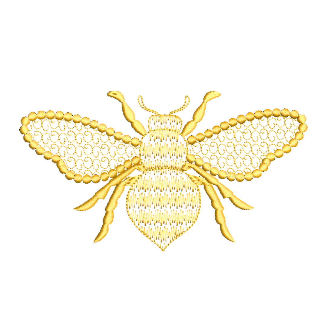 This is an image of a machine embroidery design featuring a golden bee with filigree detail in the wings and body. This design is perfect for embroidery on t-shirts and denim.