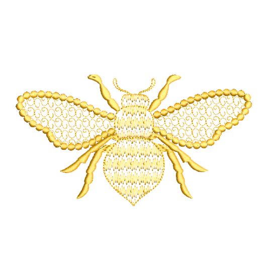 This is an image of a machine embroidery design featuring a golden bee with filigree detail in the wings and body. This design is perfect for embroidery on t-shirts and denim.