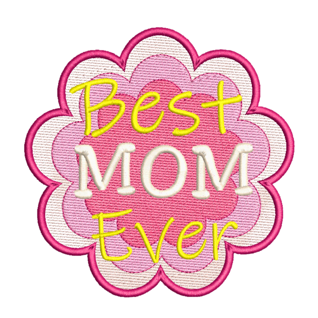 This is an image of a machine embroidery design featuring a "Best Mom Ever" quote in a flower shaped background. This machine embroidery design is perfect for embroidery on Mother's Day Gifts like tote bags.