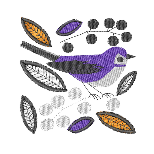 This is an image of a machine embroidery design featuring an adorable blue bird amongst berries and leaves. This blue bird with berries and leaves is perfect for embroidery on denim, home décor, and more.