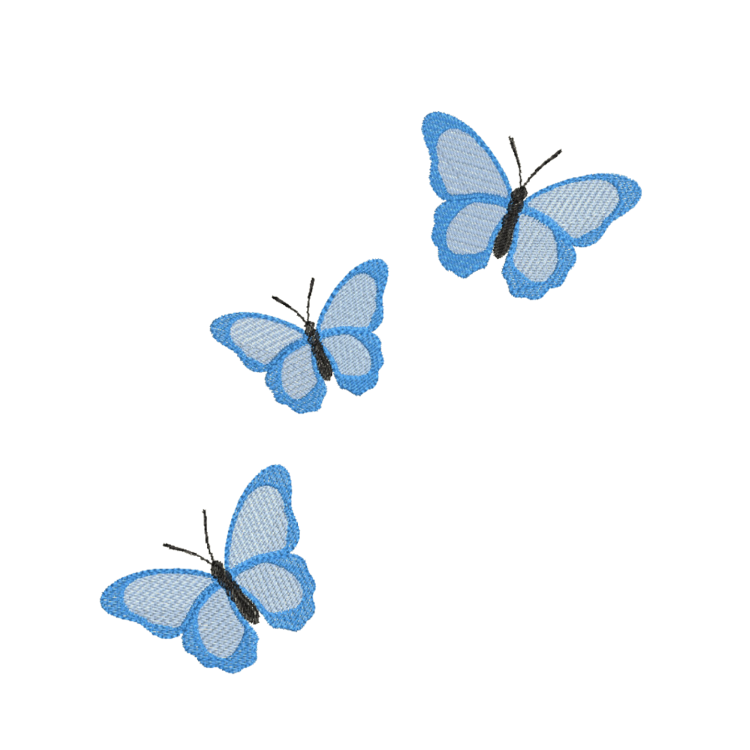 This is an image of a machine embroidery design featuring three butterflies in shades of blue. This butterfly machine embroidery design is perfect for embroidery on denim, girls' dresses, and more.