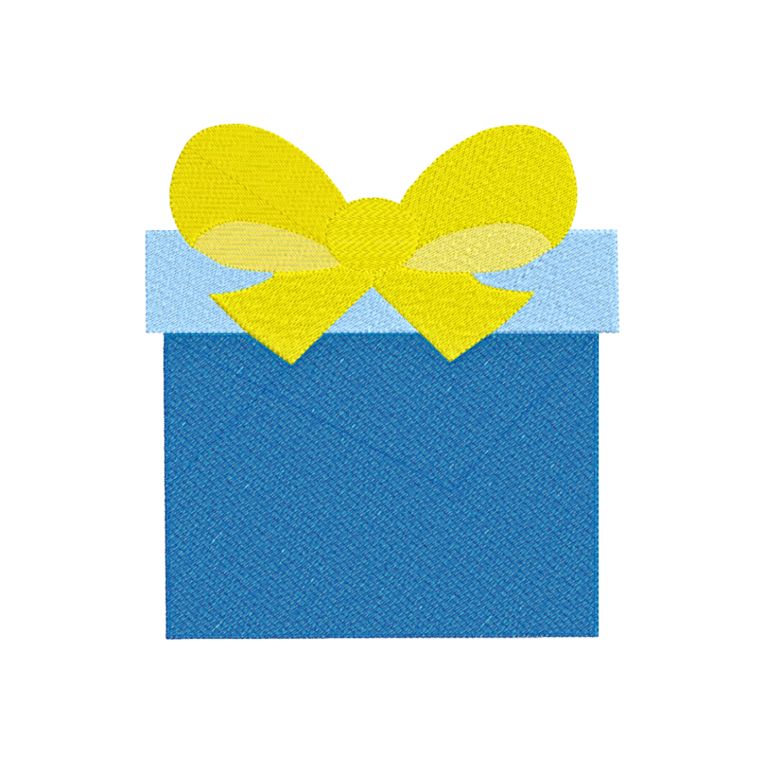 This is a machine embroidery design that features a simplistic blue gift box with a yellow bow.