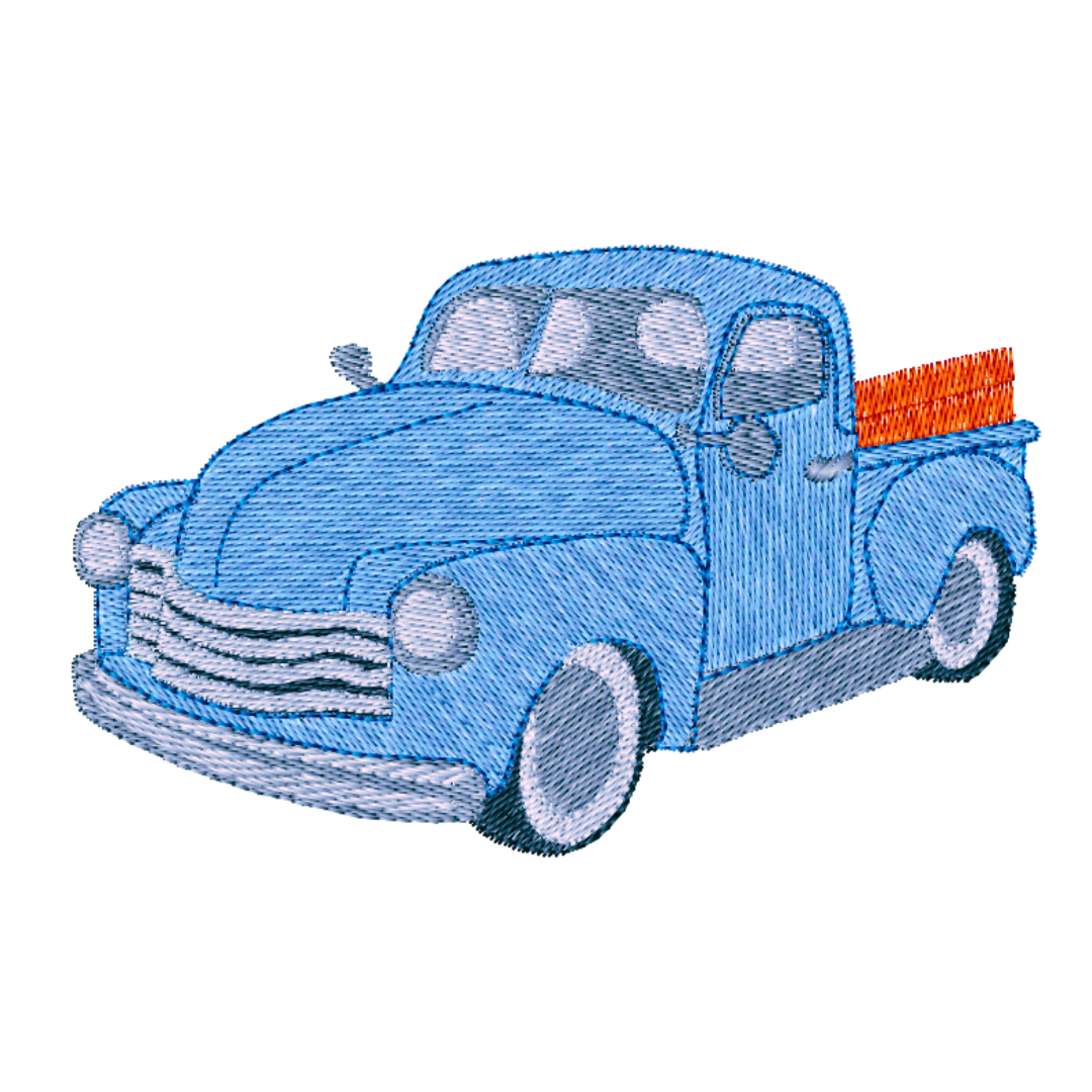 This is an image of a machine embroidery design featuring a blue Vintage Pickup Truck