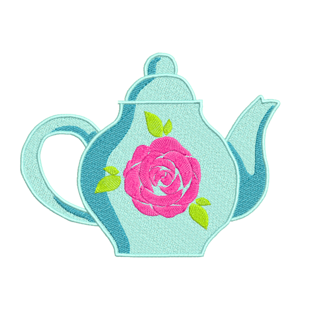 This is an image of a machine embroidery design from Stitches & Strokes, featuring a blue teapot with a pink stencil rose. This teapot machine embroidery design is perfect for embroidery on tea towels and aprons, and will make great gifts for Bridal Showers, Weddings, and Mother's Day.