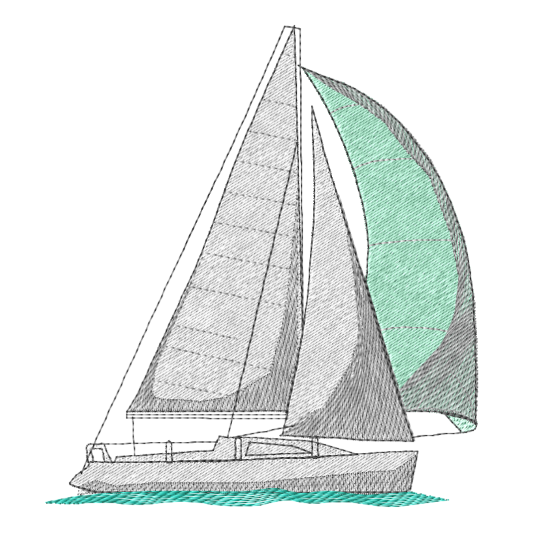 This is an image of a machine embroidery design featuring a blue and grey sailboat. This sailboat machine embroidery design is perfect for embroidery on towels, cushions, and other home décor.