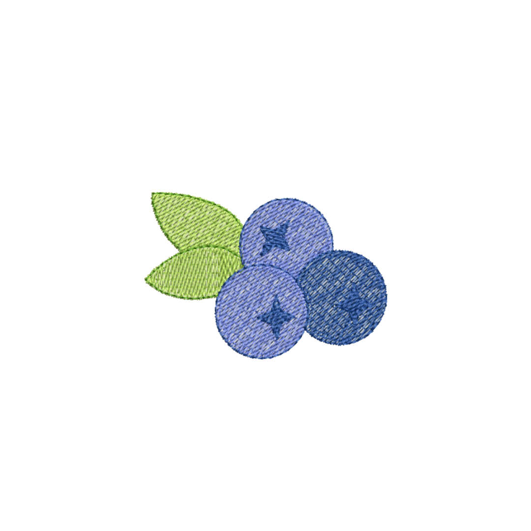 This is an image of a machine embroidery design featuring three little blueberries complete with green leaves. Embroider this cute blueberry machine embroidery design on tea towels, dishcloths, and more for the kitchen and bakery.