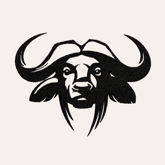 This is an image of a Buffalo face silhouette machine embroidery design. This Buffalo machine embroidery design can be used for hunting themed embroidery and to decorate shirts and accessories for men and boys.