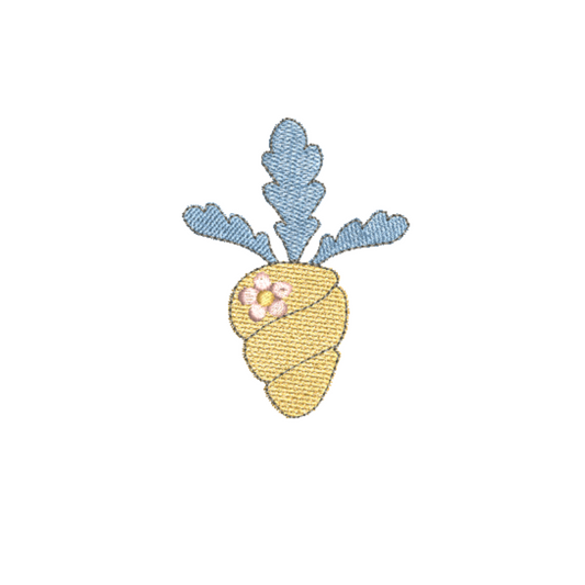 This is an image of a machine embroidery design featuring an adorable carrot that can be embroidered on décor, easter egg hunt bags, and gifts.