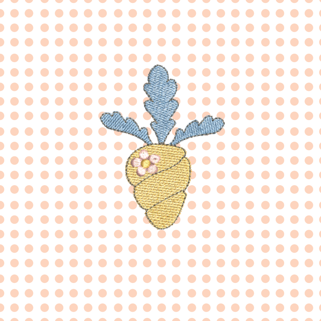 This is an image of a machine embroidery design featuring an adorable carrot that can be embroidered on décor, easter egg hunt bags, and gifts.