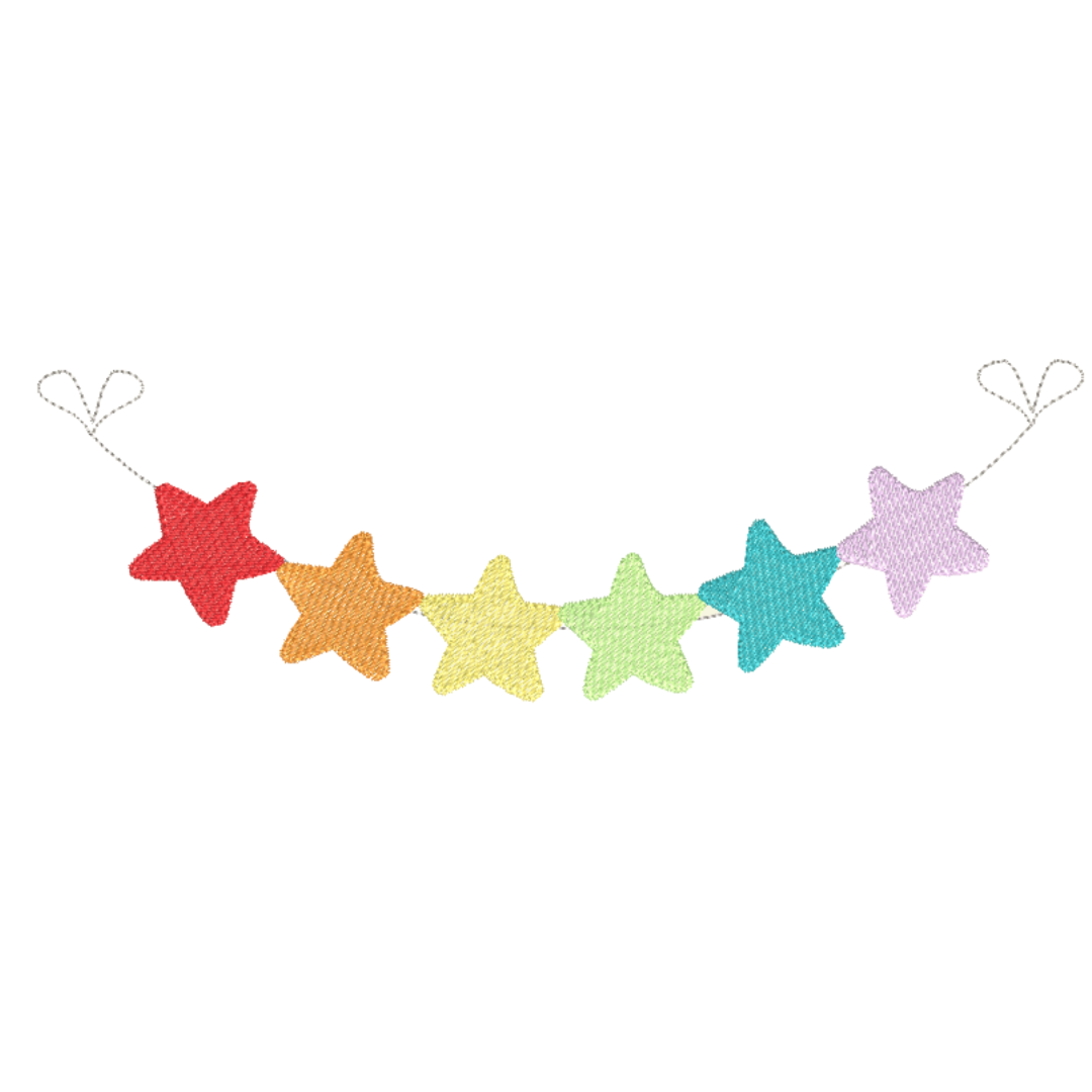 Clothes Line with Rainbow Color Stars Machine Embroidery Design