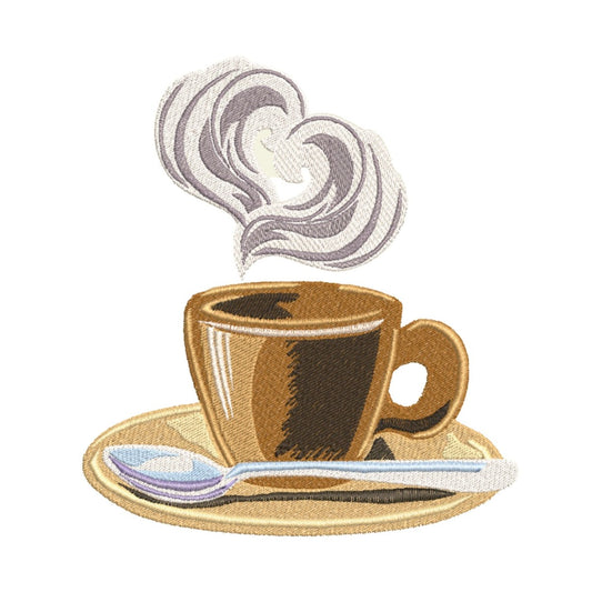 This is an image of a machine embroidery design featuring a steaming cup of coffee in a saucer with a realistic looking teaspoon. This beautiful coffee cup machine embroidery design is perfect for bride's gifts, kitchen tea parties, and wedding gifts. Embroider this quality coffee machine embroidery design on kitchen items like aprons, tea towels, and oven mittens. This is the perfect gift for any coffee lover.