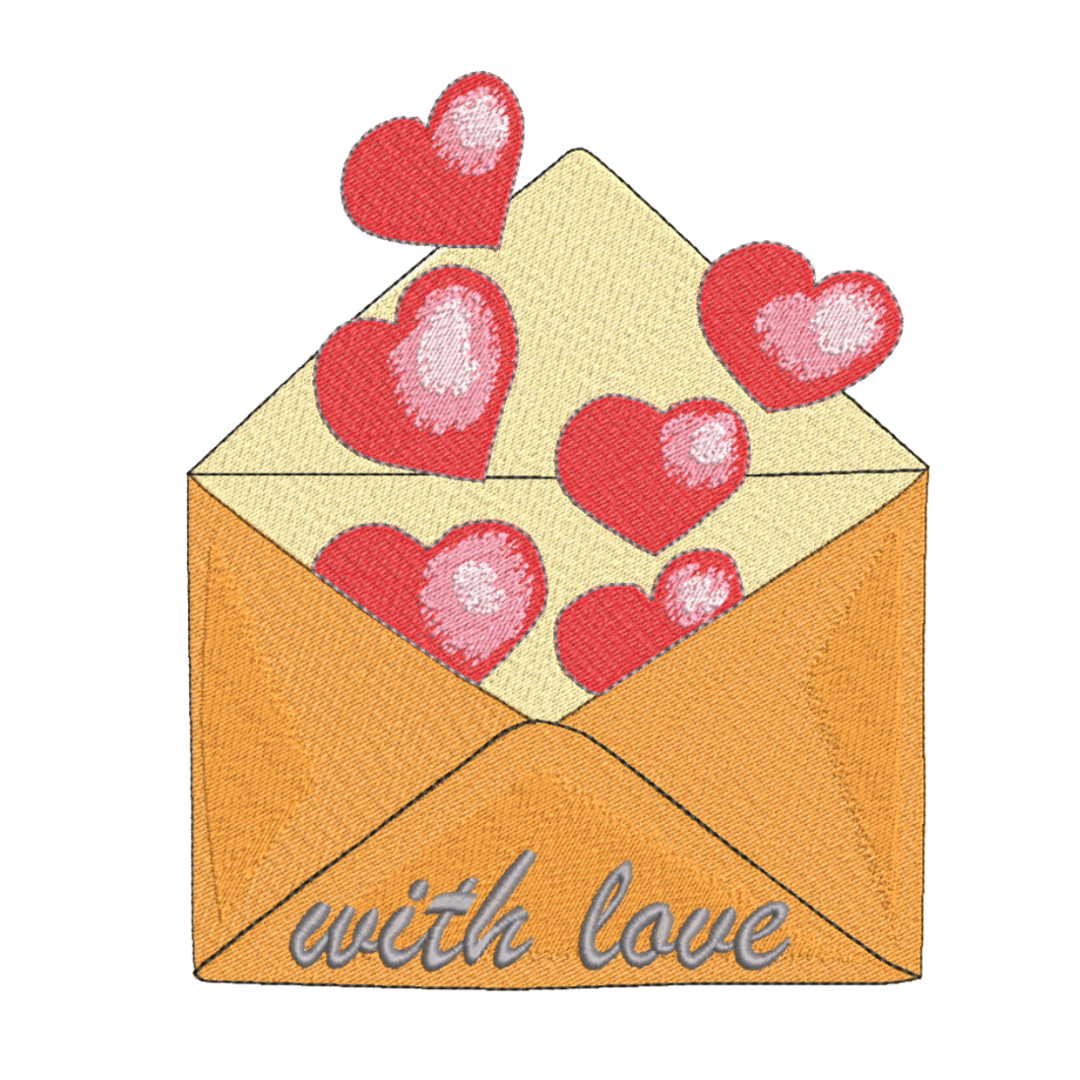 This is an image of a machine embroidery design featuring an envelope with red hearts floating out of it and the text "with love" written on it. This envelope with hearts machine embroidery design is perfect for Valentine's Day gifts.