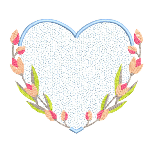 This is an image of a blue heart with flowers machine embroidery design.