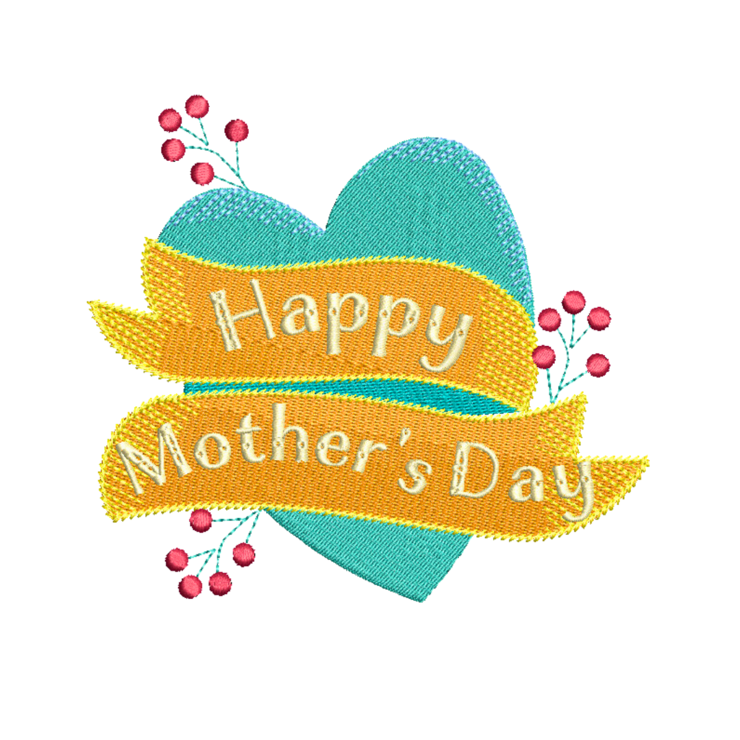 This is an image of a machine embroidery design featuring a beautiful blue heart adorned with little flower buds and a banner with a "Happy Mother's Day" Quote. This Mother's Day machine embroidery design is perfect for embroidery on gifts for mom or grandma on totebags, tablecloths, tea towels, and more.