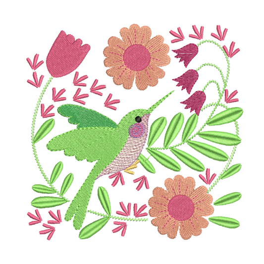 Hummingbird with Pink Flowers Machine Embroidery Design