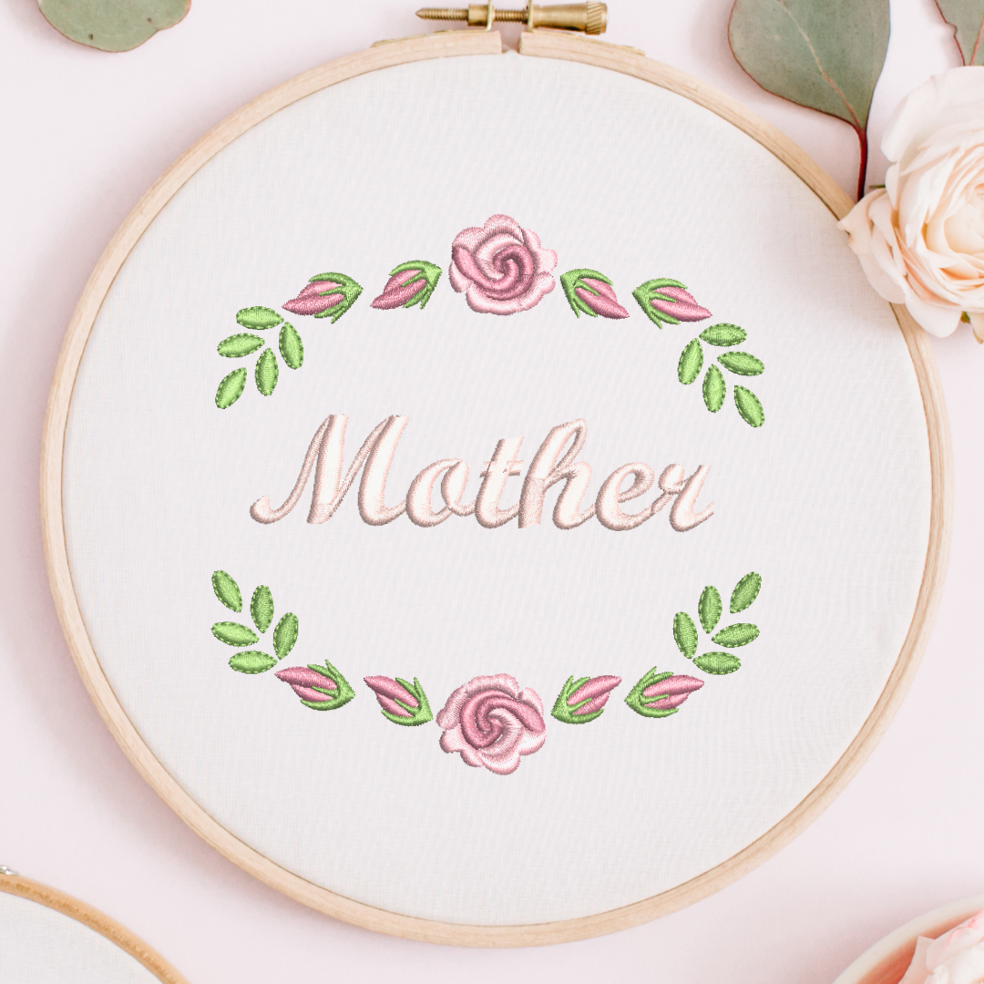 This is an image of a rose frame or border with the quote "Mother" in the middle. This machine embroidery design is perfect for embroidery on aprons, tea towels, book covers, and more for mom on Mother's Day,