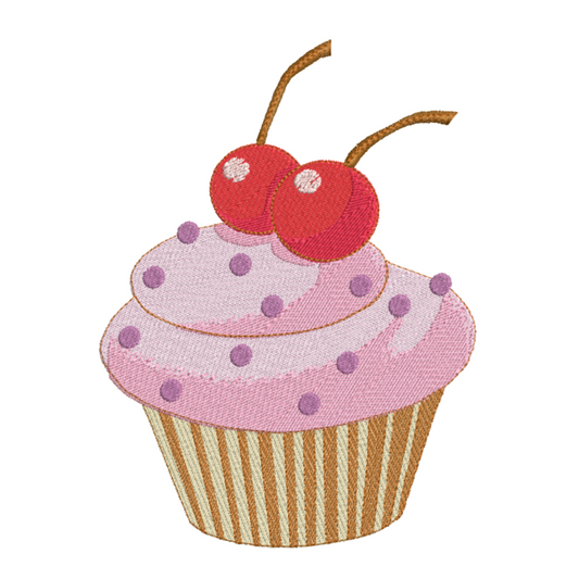 This is an image of a machine embroidery design featuring a pink frosted cupcake with red cherries. This cupcake machine embroidery design is beautifully detailed with shading and in perfect for embroidery on kitchen and bakery decor and accessories like aprons, tablecloths, oven mittens, and more.