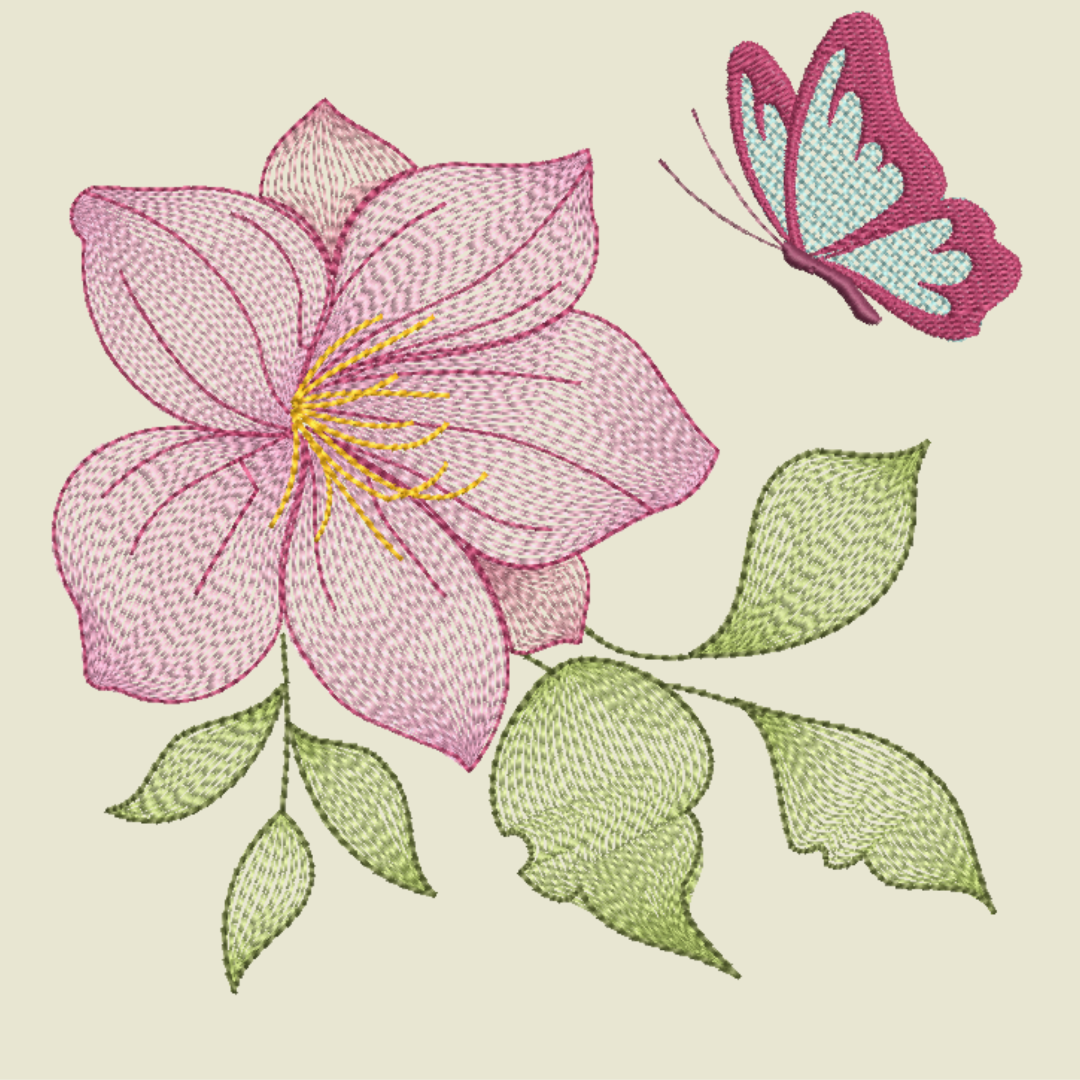 Pink Flower Spray with Butterfly Machine Embroidery Design