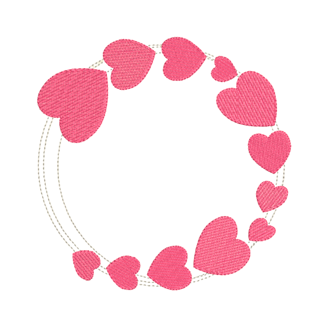 This is an image of a Heart Wreath machine embroidery design. This wreath features fine lines with bold pink hearts.