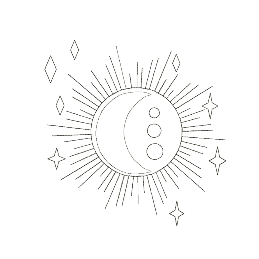 This is an image of a machine embroidery design from Stitches & Strokes, featuring an outline sun and moon. This sun and moon machine embroidery design is perfect for embroidery on yoga clothes and mats, tote bags, and more..