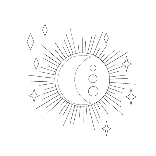 This is an image of a machine embroidery design from Stitches & Strokes, featuring an outline sun and moon. This sun and moon machine embroidery design is perfect for embroidery on yoga clothes and mats, tote bags, and more..