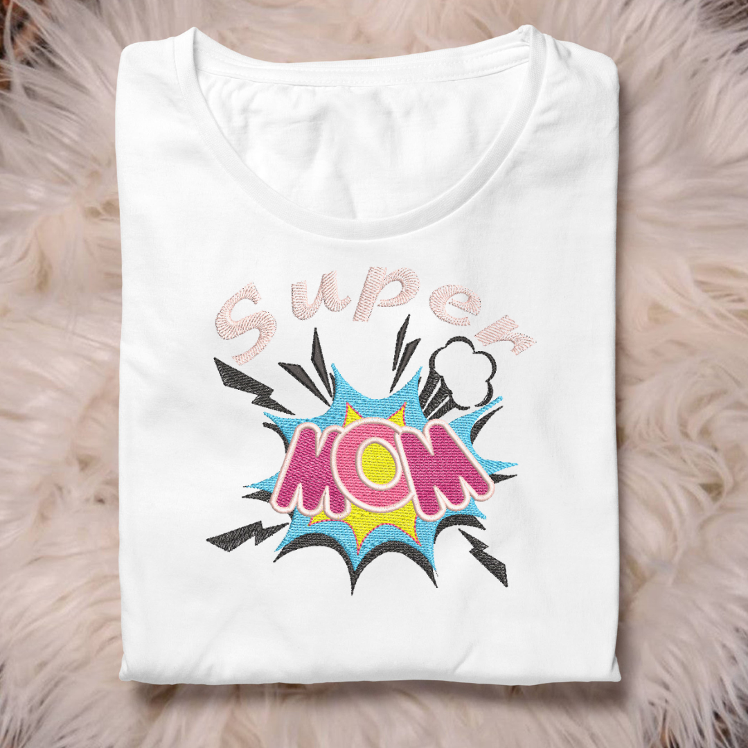 This is an image of a machine embroidery design by Stitches & Strokes, featuring a comic book themed "Super Mom" machine embroidery design. This super mom machine embroidery design is the perfect design to embroider on gifts like aprons, and tote bags for mom on mother's day.