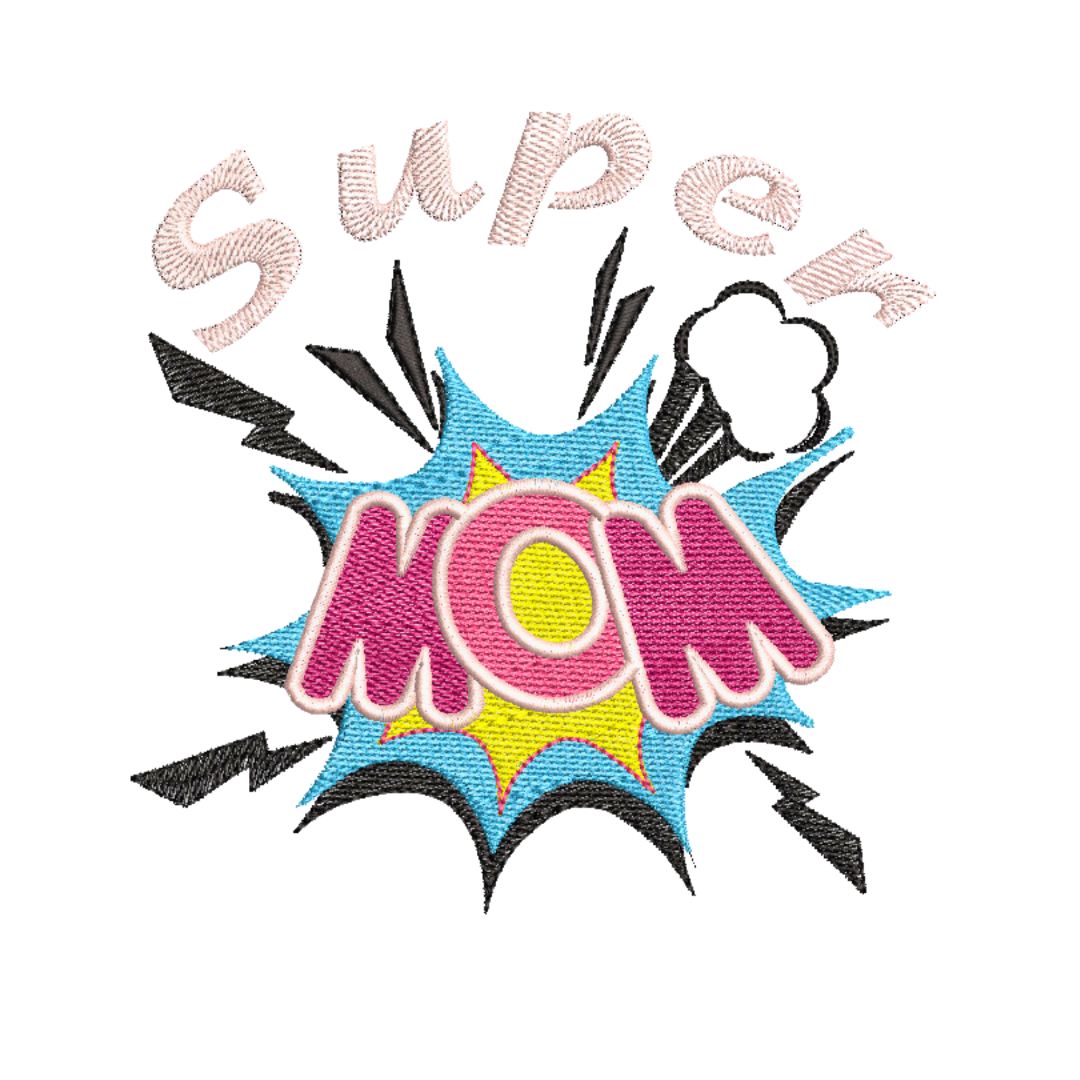 This is an image of a machine embroidery design by Stitches & Strokes, featuring a comic book themed "Super Mom" machine embroidery design. This super mom machine embroidery design is the perfect design to embroider on gifts like aprons, and tote bags for mom on mother's day.