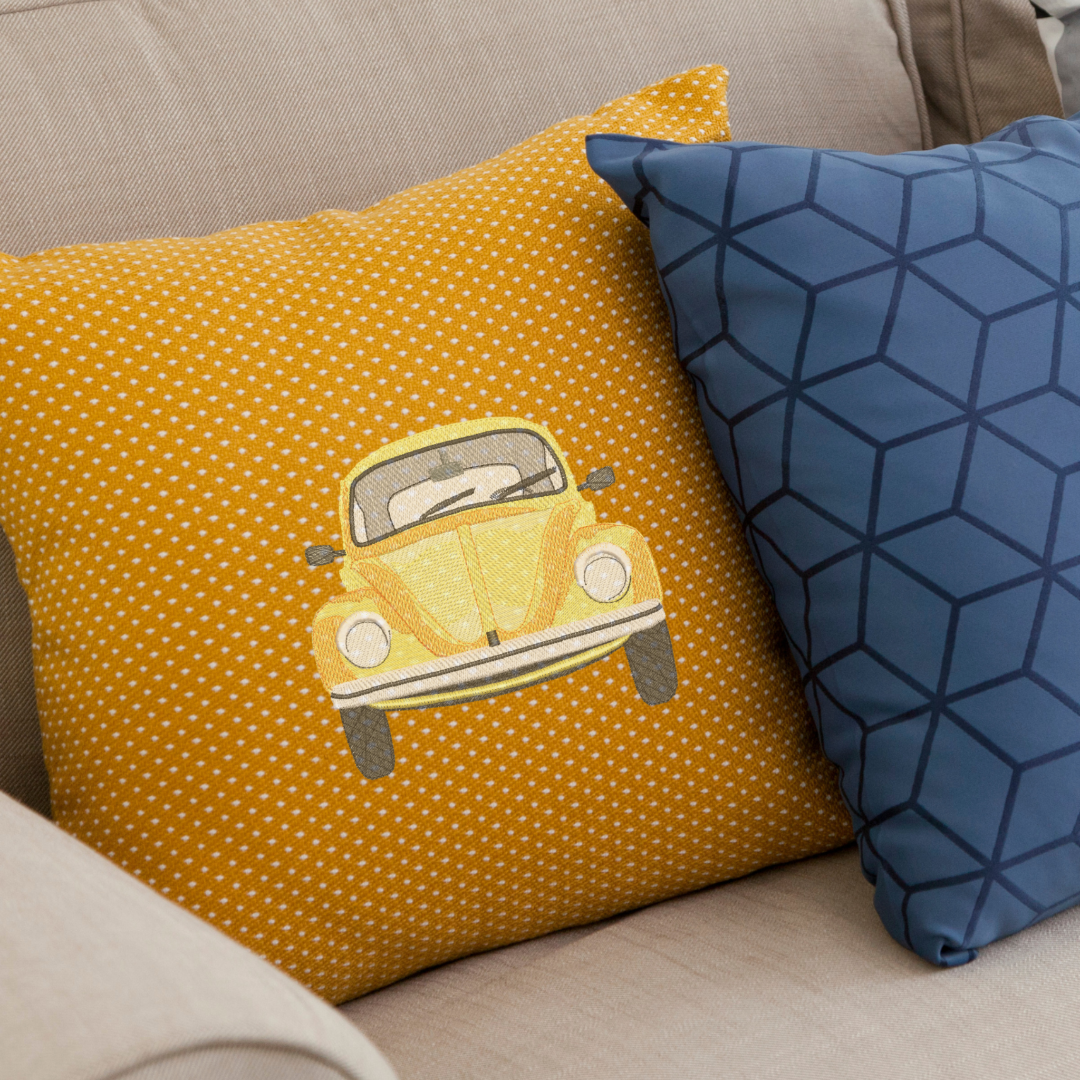 This is an image of a machine embroidery design featuring a vintage yellow car. This car is perfect for embroidery on clothes and accessories for men and boys.