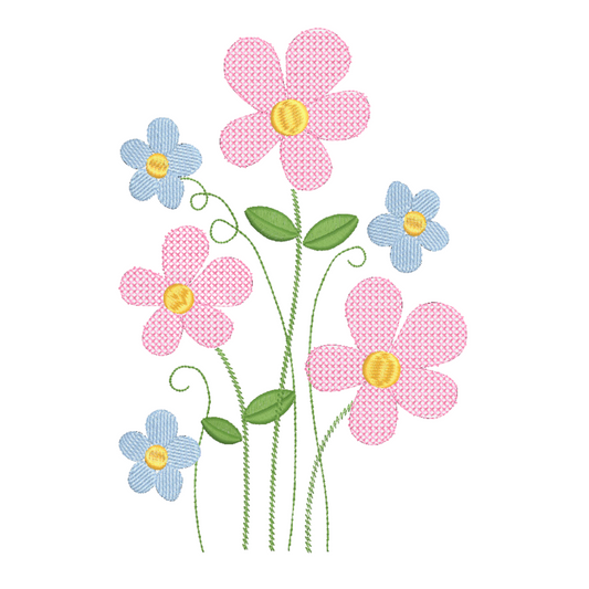 This is an image of a machine embroidery design by Stitches & Strokes, featuring pink, and blue field flowers. This Spring wild flower machine embroidery design is perfect for embroidery on pillowcases, shirts, girl's dresses, and more.