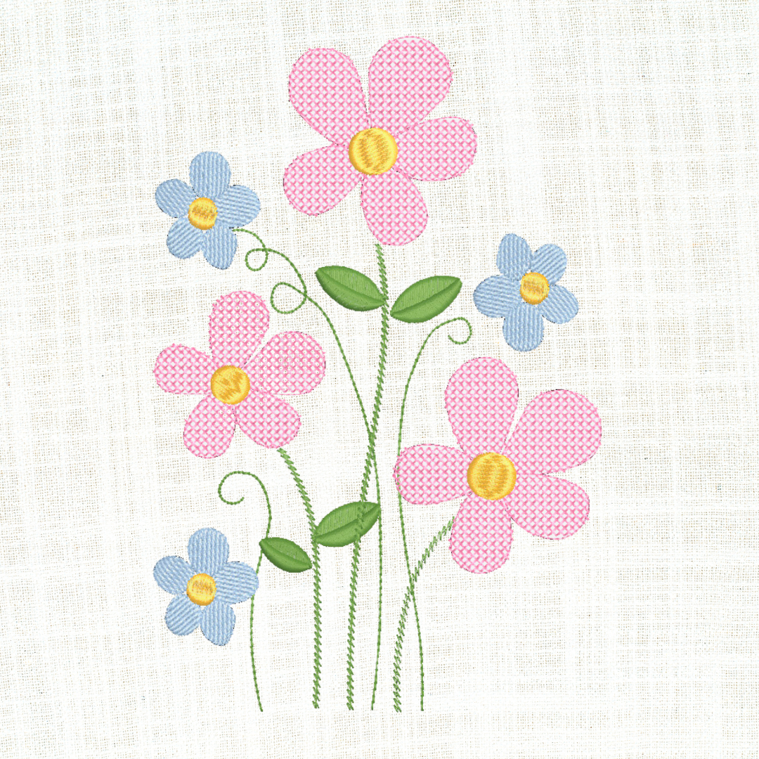 This is an image of a machine embroidery design by Stitches & Strokes, featuring pink, and blue field flowers. This Spring wild flower machine embroidery design is perfect for embroidery on pillowcases, shirts, girl's dresses, and more.