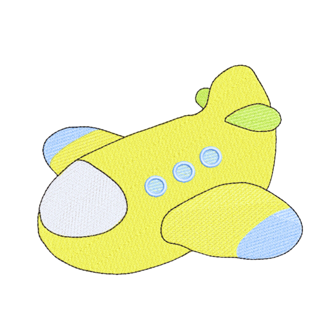 This is an image of a machine embroidery design by Stitches & Strokes, featuring an adorable yellow airplane. This yellow airplane machine embroidery design is perfect for embroider on baby boy's cloths, burp cloths, blankets, and accessories like travel bags.