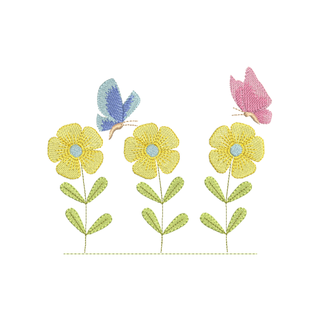 This is an image of a machine embroidery design by Stitches & Strokes, featuring three yellow field flowers with blue and pink butterflies. This Yellow Flower Border can be embroidered as a single design on shirts, denim, and accessories, or repeated on larger fabrics like tablecloths, and more.